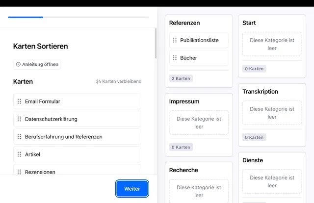 Card Sort für den WordPress Relaunch der Webseite Recherche-Dienste.de