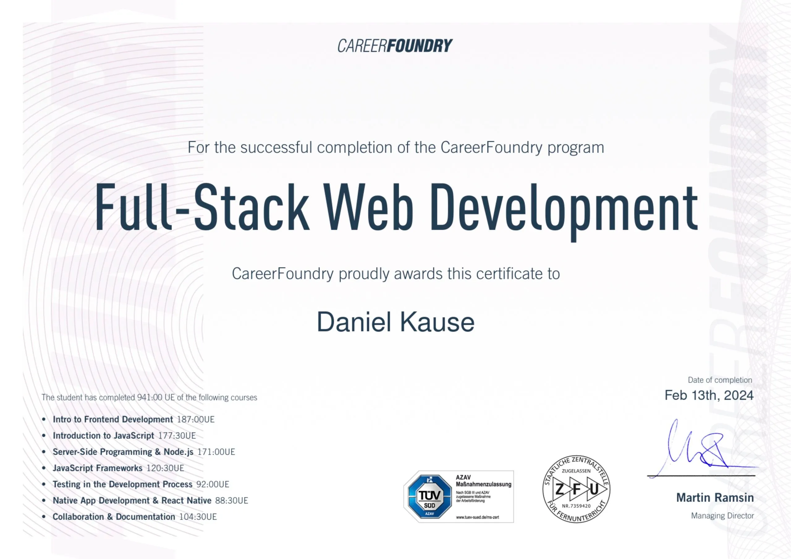Zertifikat Full Stack Developer