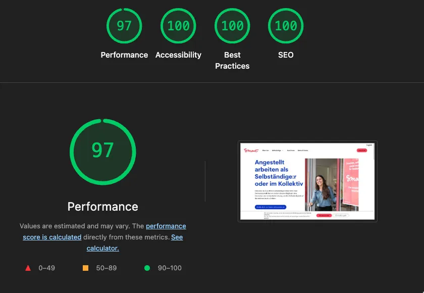 Lighthouse Score von https://smartde.coop. Stand 24.7.2026